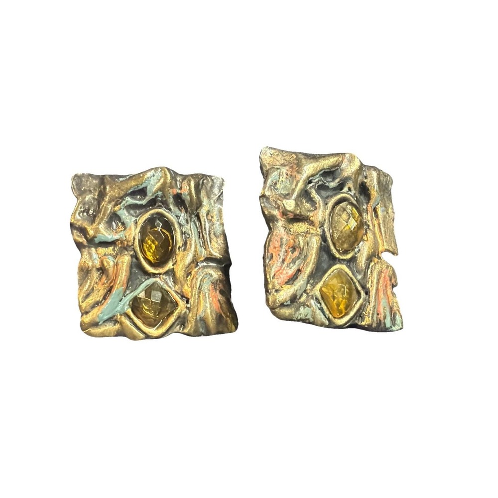 1980s Brutalist Clip On Earrings Mixed Metal Sculptural Statement 1.25" Vtg